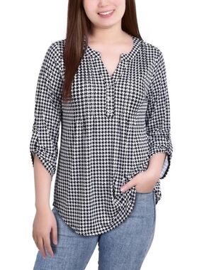 NY Collection Womens Printed Pintuck Henley Shirt, White, Blouse